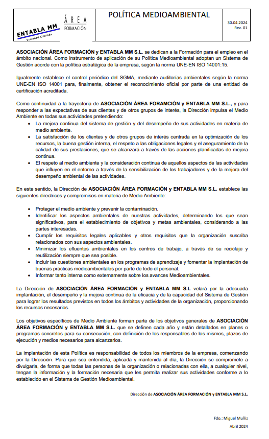 Muestra la Politica Medioambiental de Area Formación